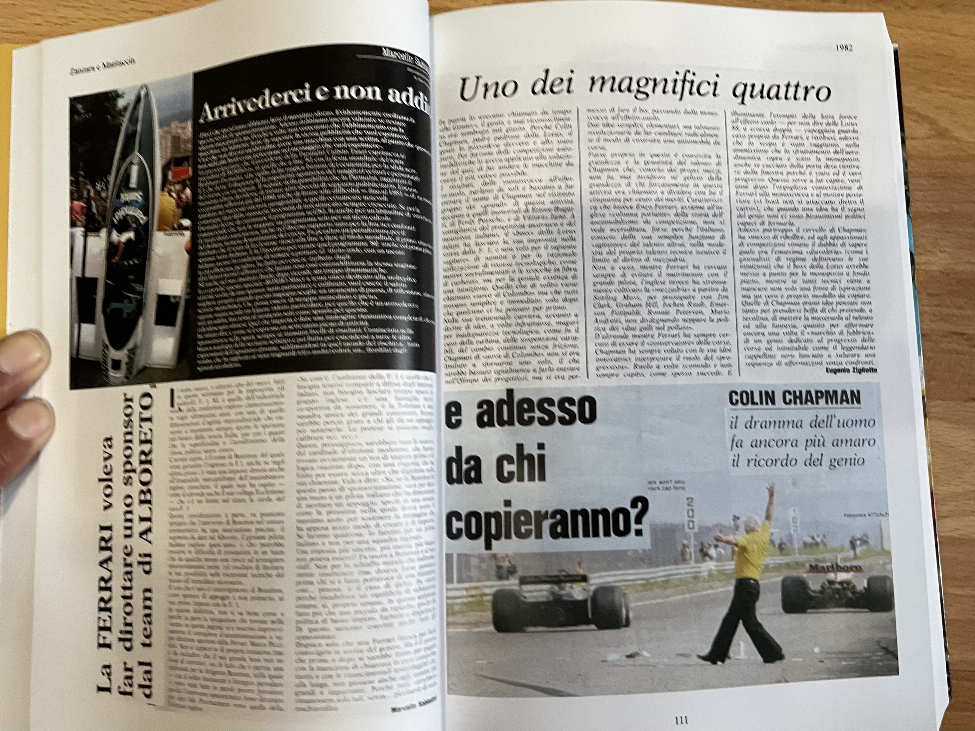 Pagina del libro dedicata al 1982, Colin Chapman