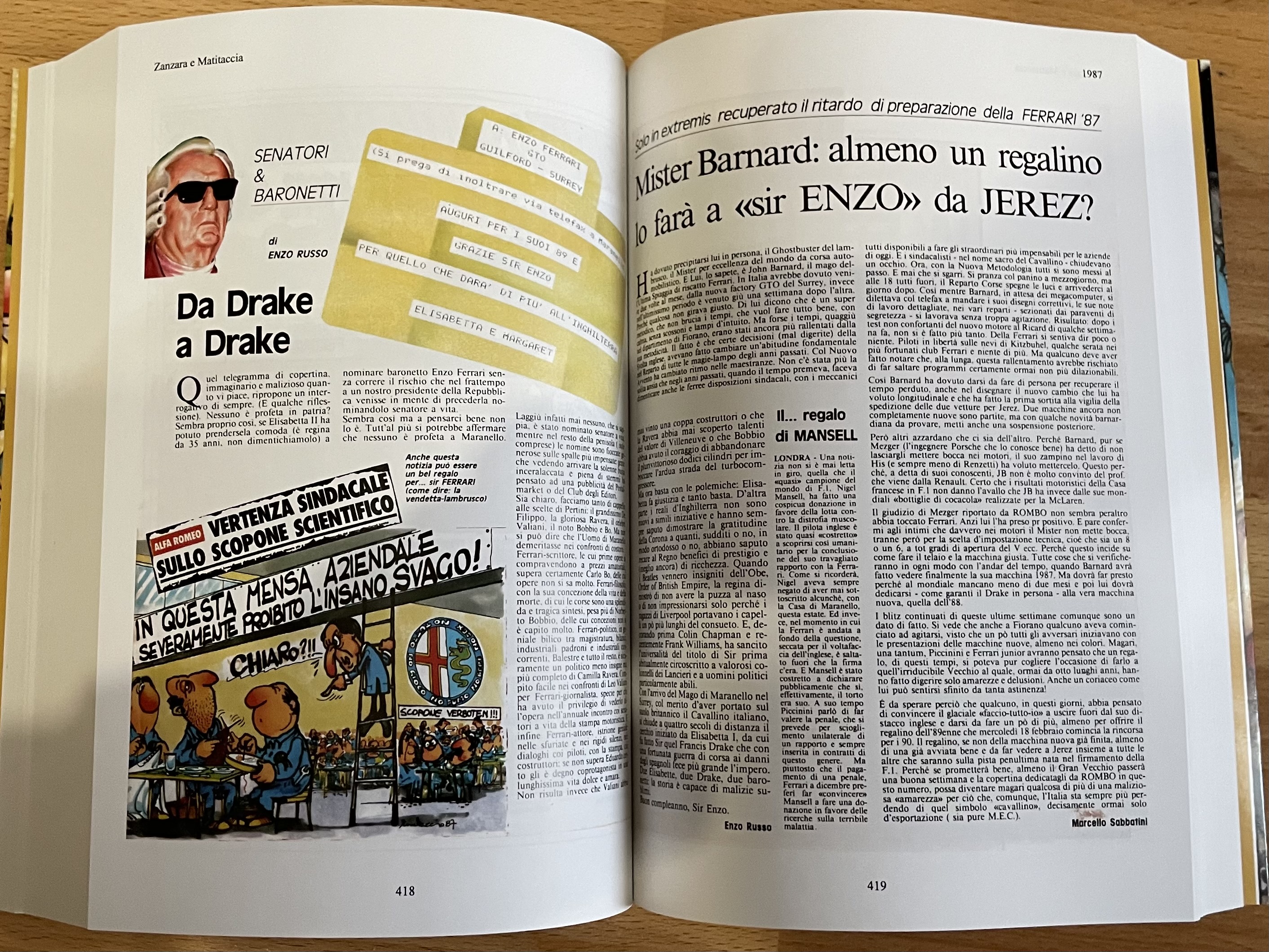 Pagina del libro dedicata al 1987, Enzo Ferrari e Marcello Sabbatini